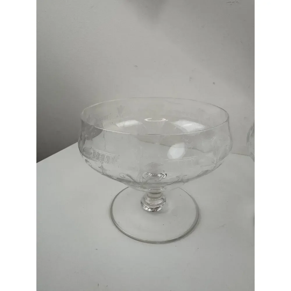 Vintage Etched Ice Cream Fruit Bowl Glass Floral Round Shape Hand Blown Set of 2